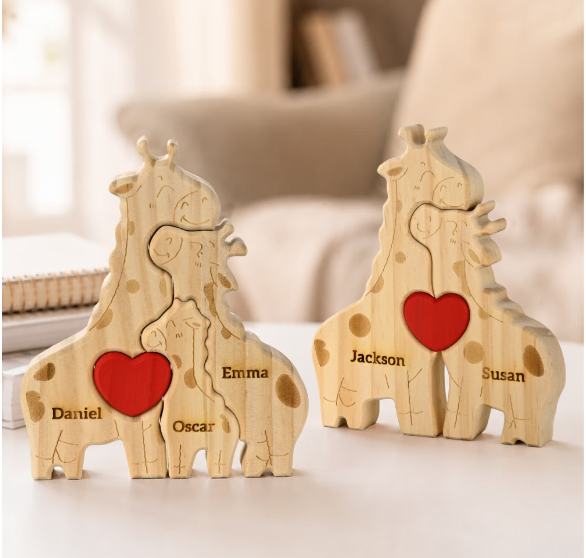 🦒❤️ Personalized Giraffe Family Puzzle – 2–5 Names Wooden Keepsake ✨
