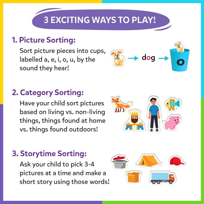 📚 Phonics Vowel Sorting Game – 100+ Picture Pieces for Ages 4–7