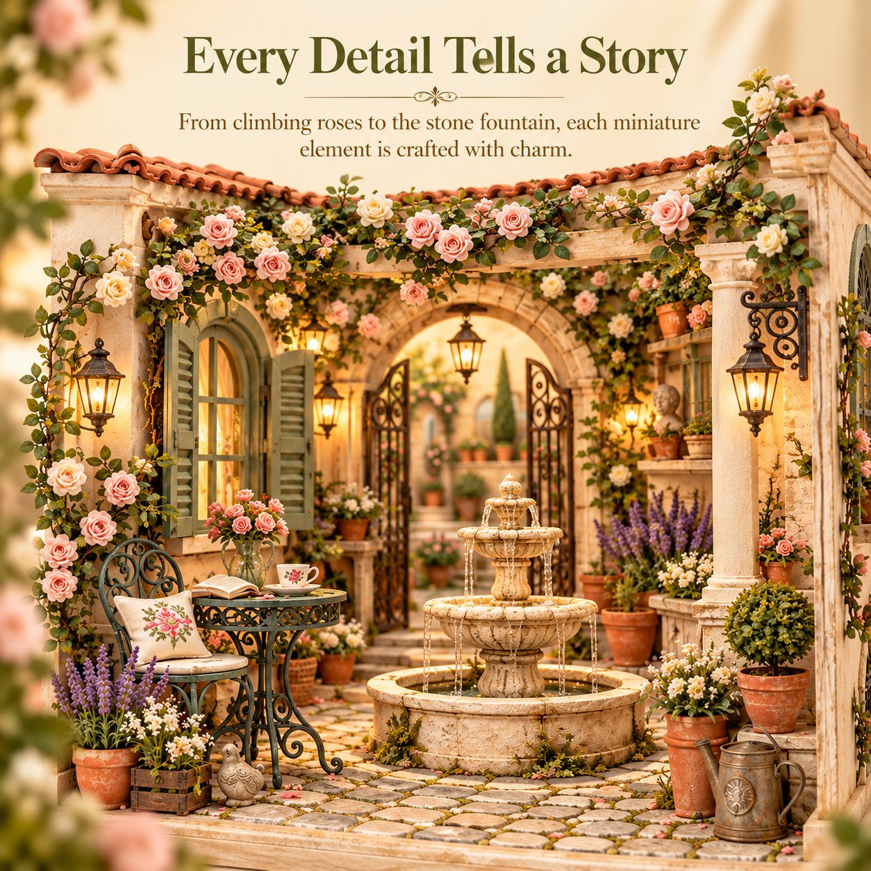 Detailed miniature European courtyard fountain surrounded by roses, lavender and tiny garden furniture