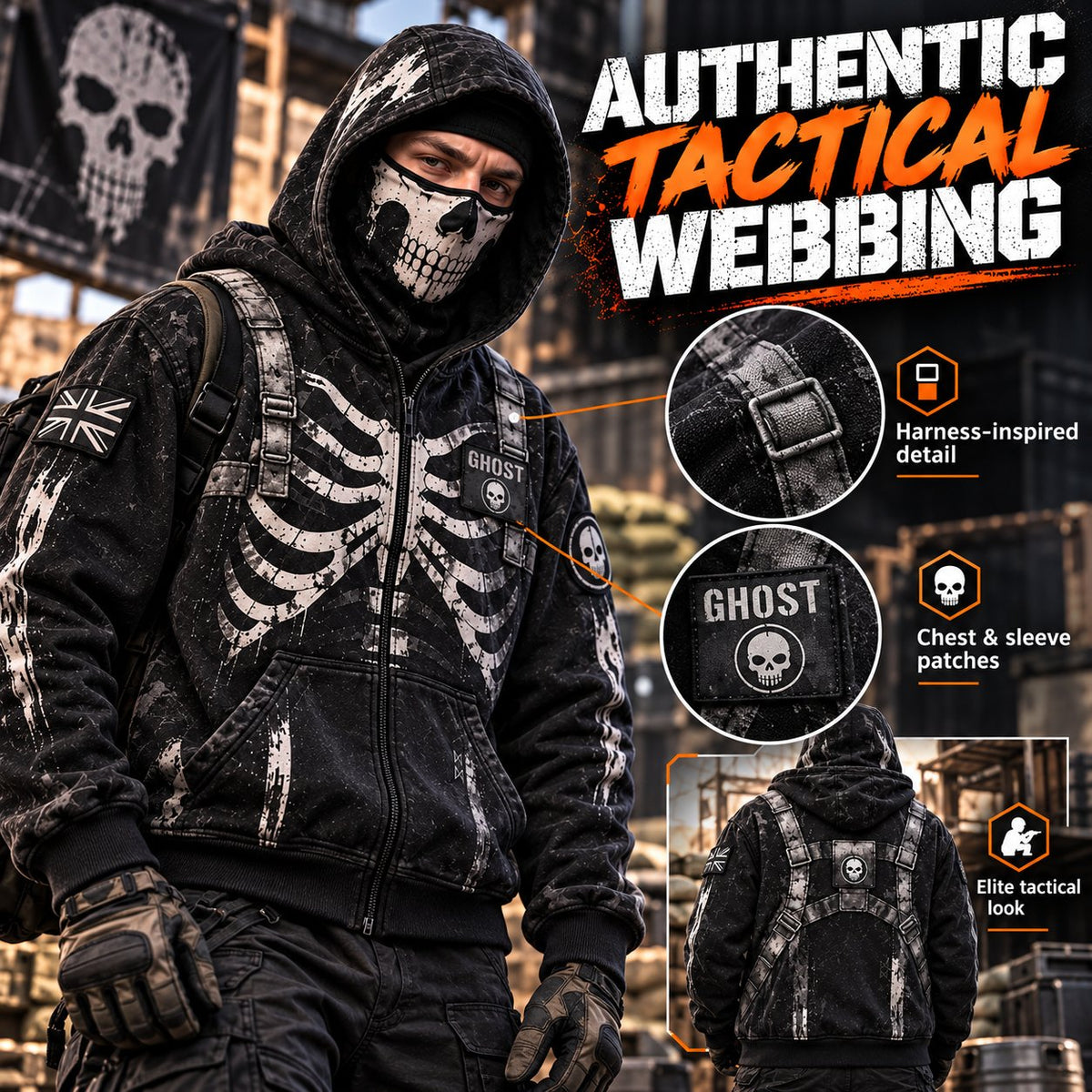 ReaperZip Tactical Skull Hoodie 🎯Full-zip tactical comfort with a battle-worn edge.