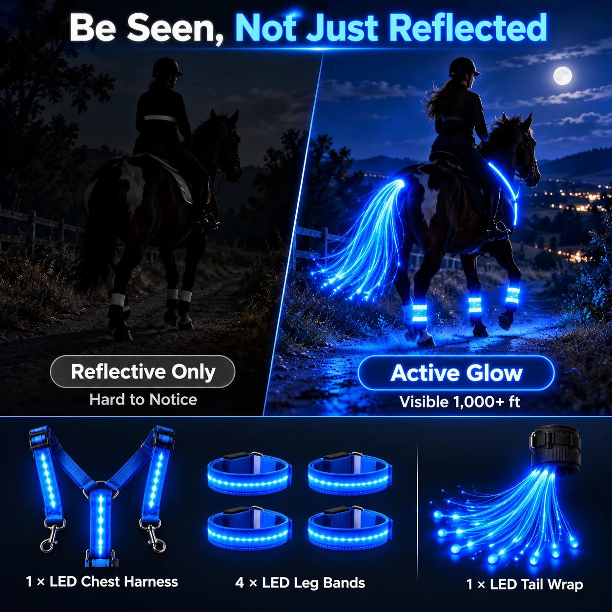 Active LED horse glow kit compared with reflective-only riding gear