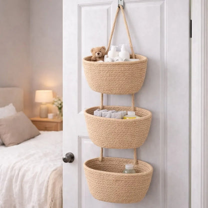 🧺 Woven Cotton 3-Tier Over-the-Door Storage Basket – Space-Saving Hanging Organizer ✨