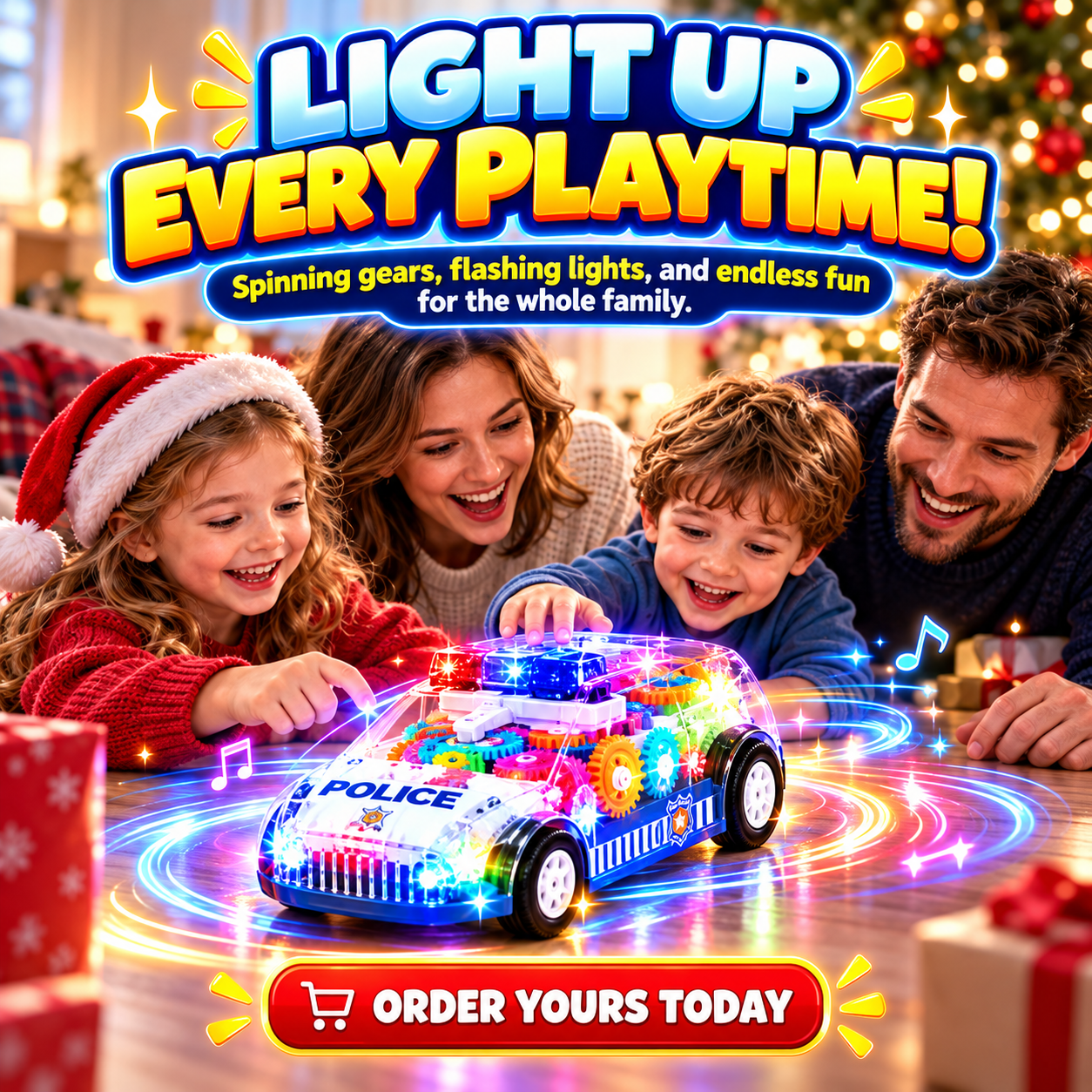 Family gathered around the illuminated transparent gear police toy car