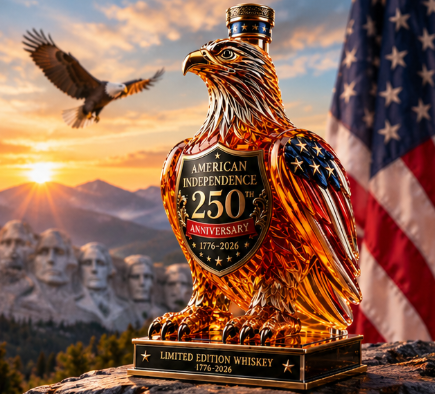 American Eagle 250th anniversary bottle displayed with American flag against Mount Rushmore sunset backdrop