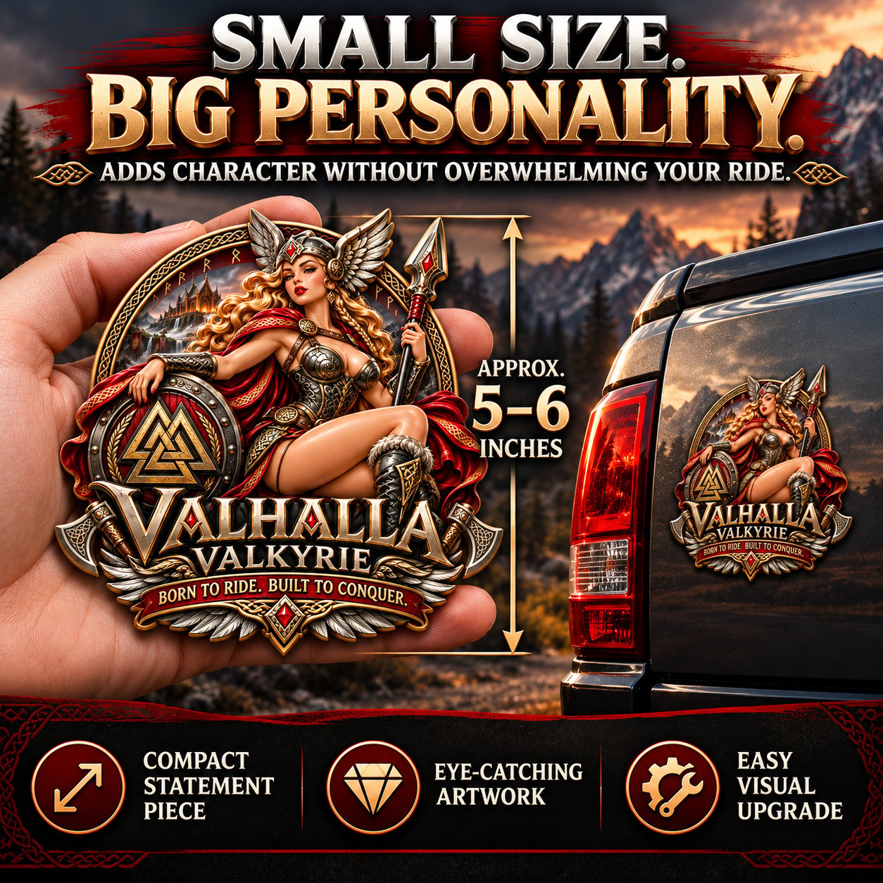 Valhalla Valkyrie car emblem shown in a hand for approximate size comparison and pictured on a dark pickup truck