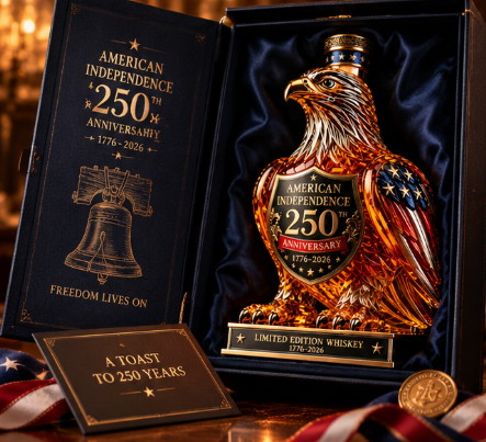 American Independence 250th anniversary eagle bottle arranged in black and gold commemorative presentation box