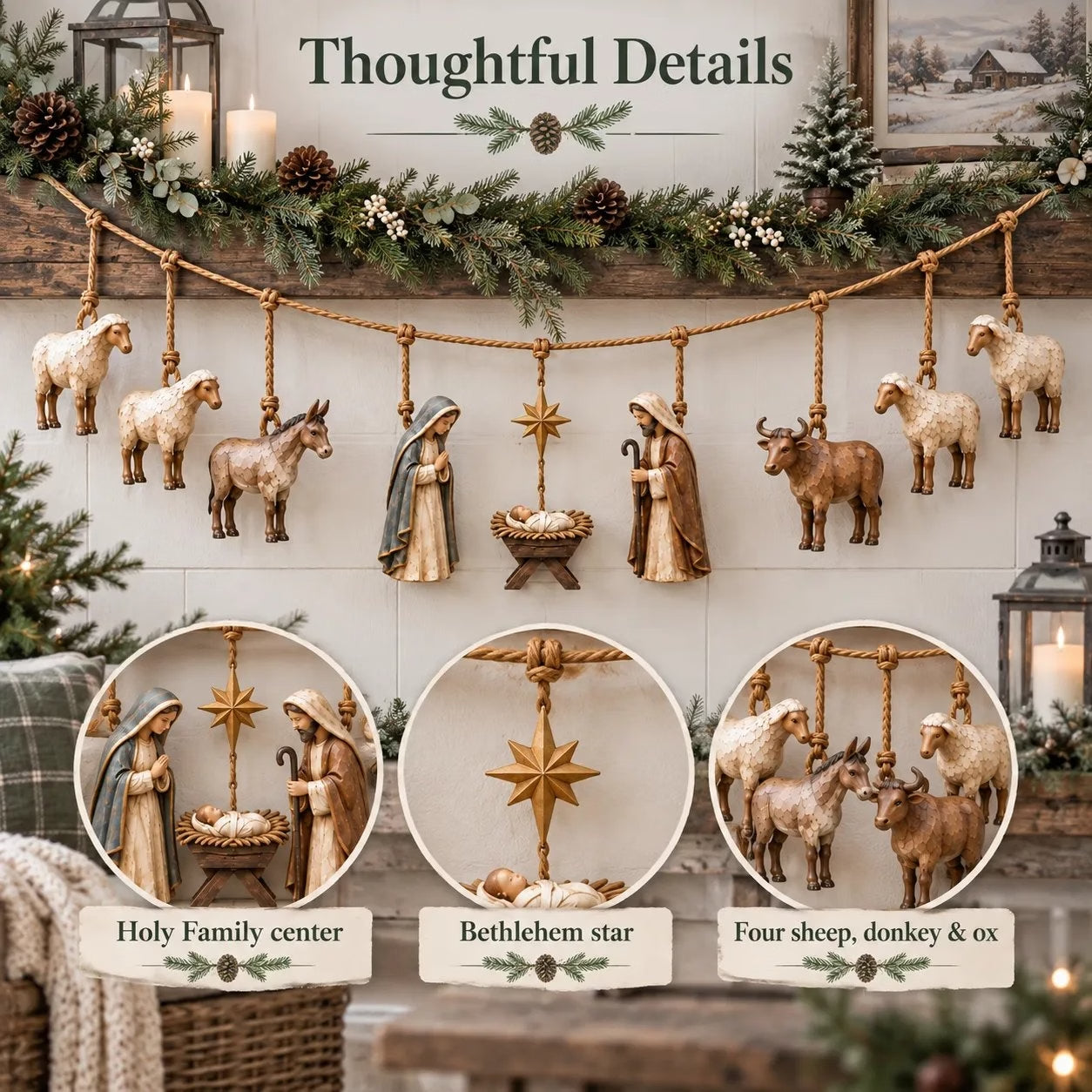 Complete wooden Nativity scene with Holy Family sheep donkey and ox