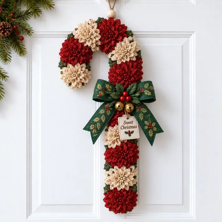 Candy Cane Wishes fabric flower door hanging design