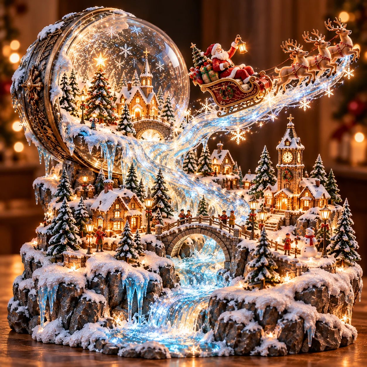 Illuminated magical Christmas snow globe village with Santa flying in a sleigh