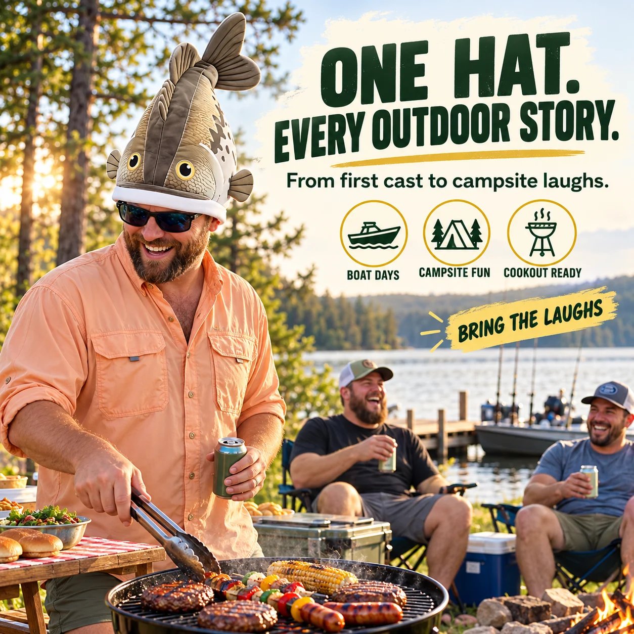 Man wearing oversized fish hat at a lakeside cookout while his friends laugh