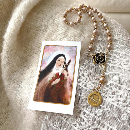 🌹 St. Thérèse “Little Flower” Rose Novena Chaplet – Blush Pearl Prayer Beads