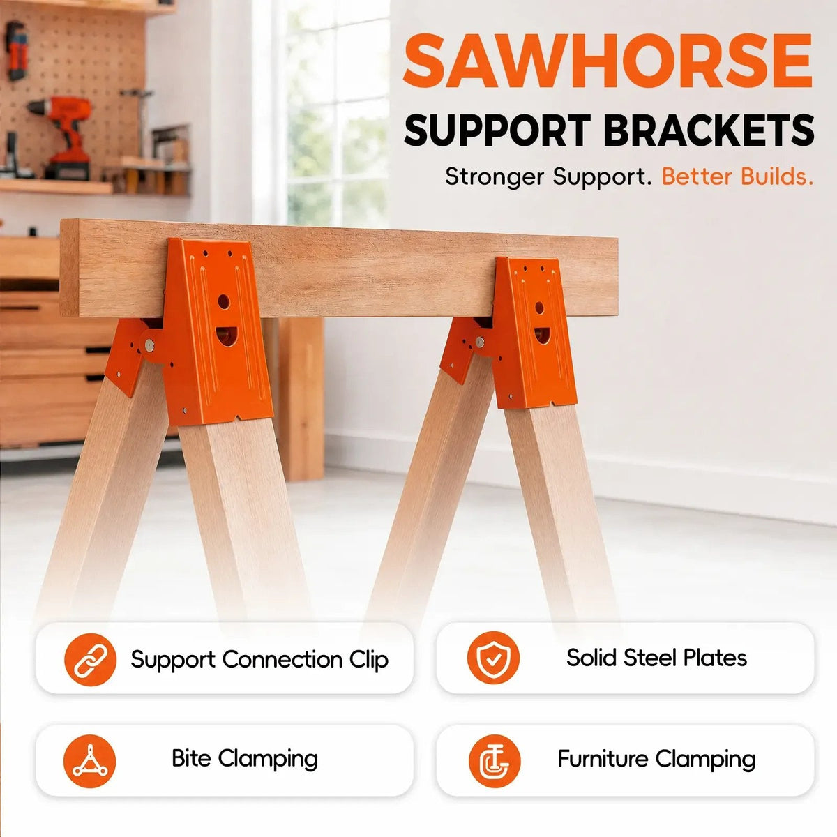 🔧 2-Pack Heavy-Duty Sawhorse Brackets with Down Clamp – Adjustable Quick-Fix Clips for Woodworking, DIY & Jobsite Cutting