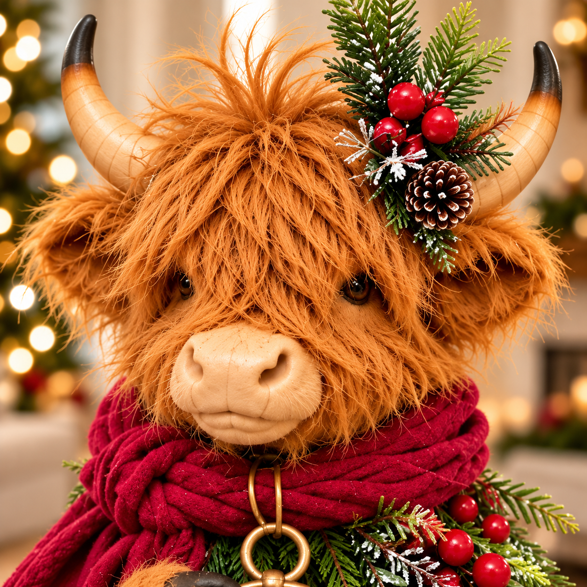 Close-up of the Highland cow face with fluffy hair and curved horns