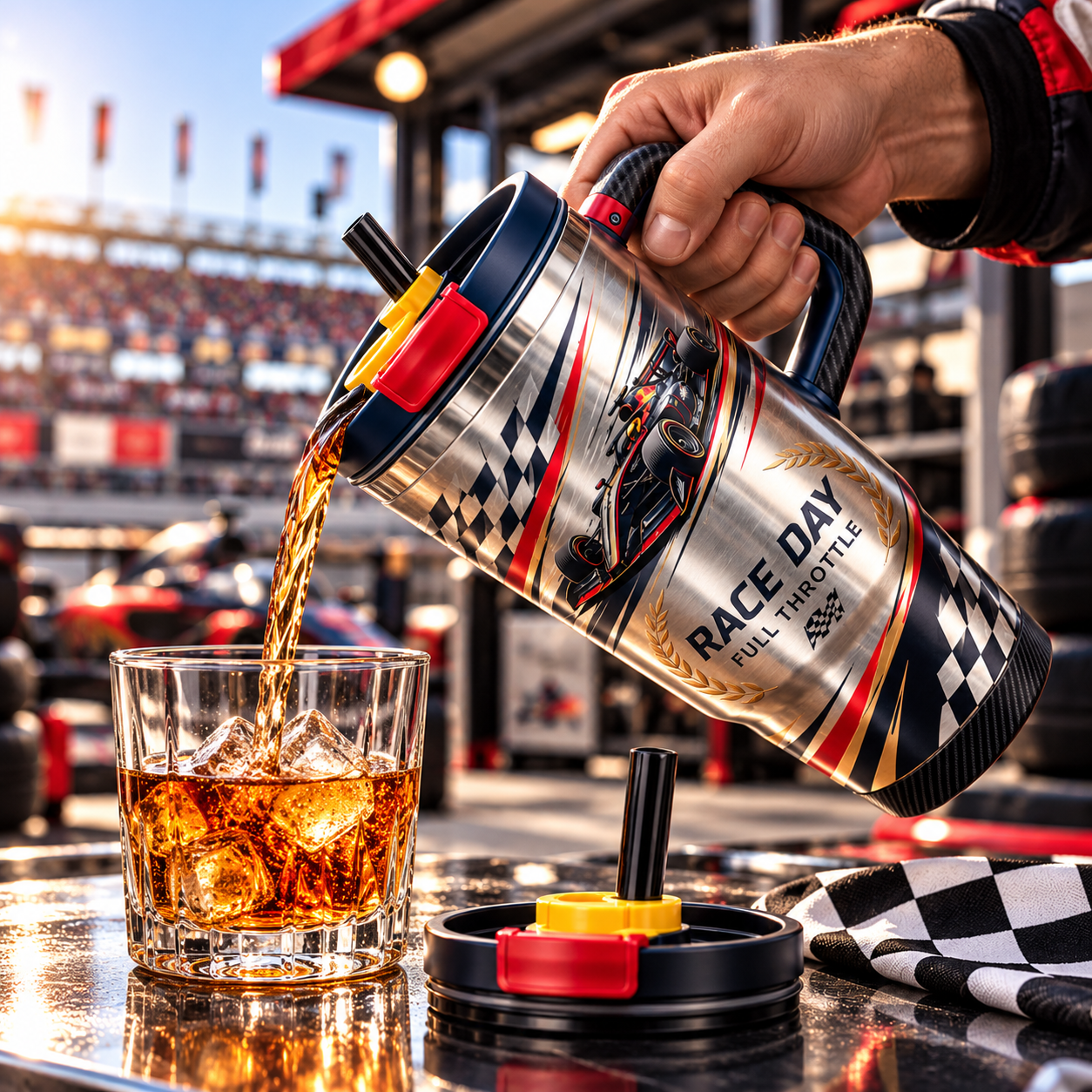 Racing tumbler with beverage