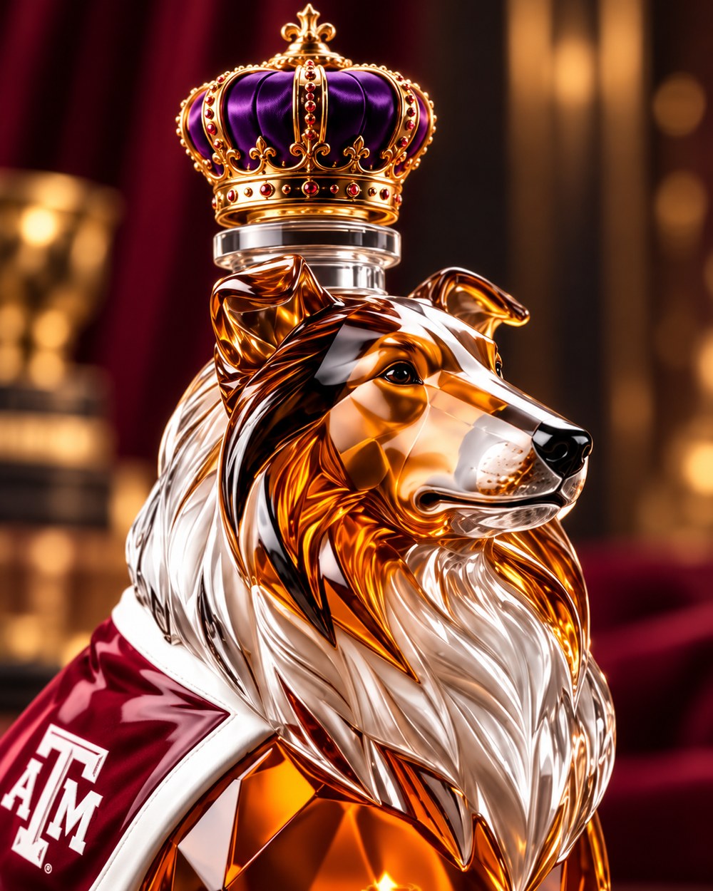 Close-up of ornate crown stopper and sculpted Collie head
