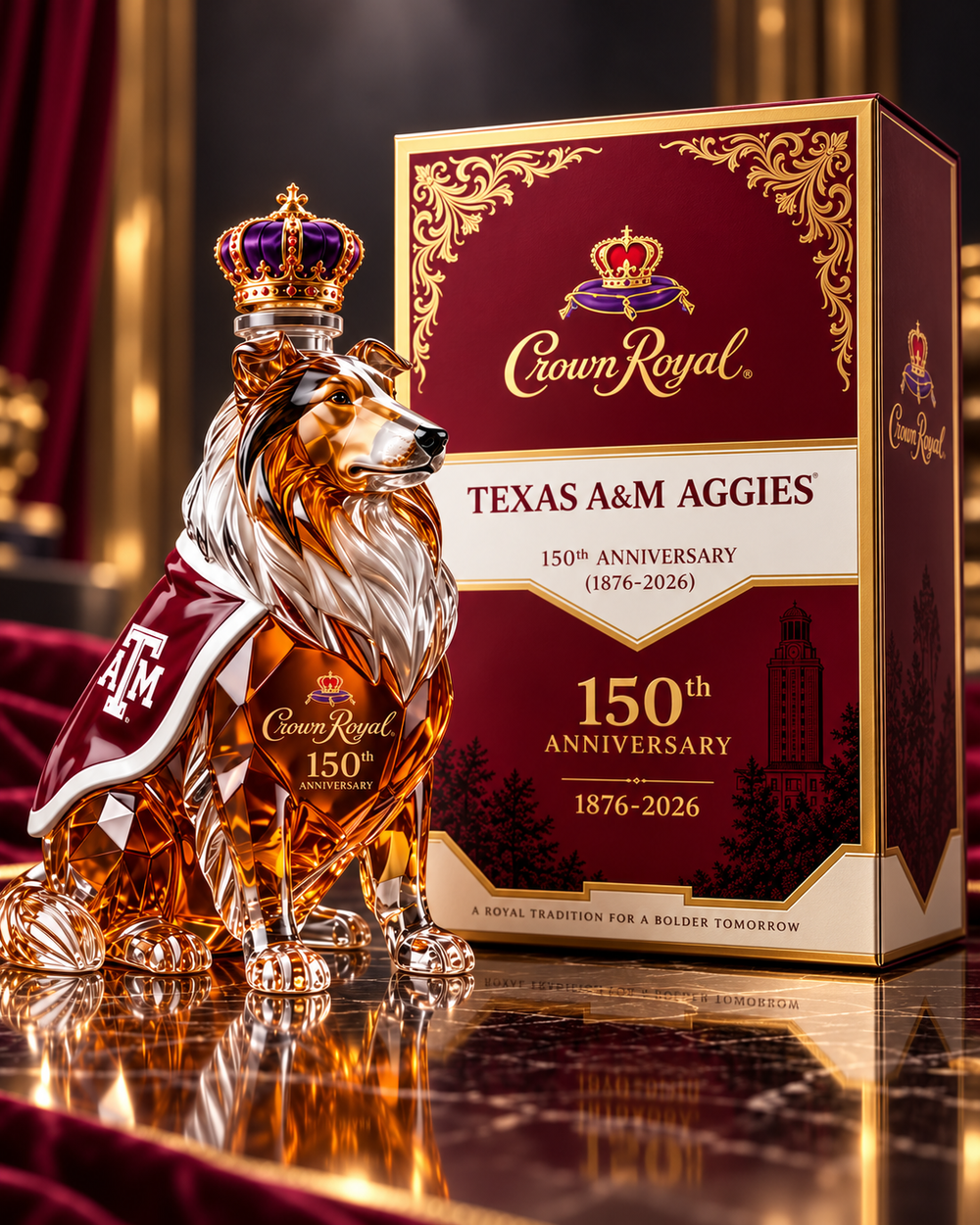 Collie-inspired anniversary decanter beside maroon and gold presentation box