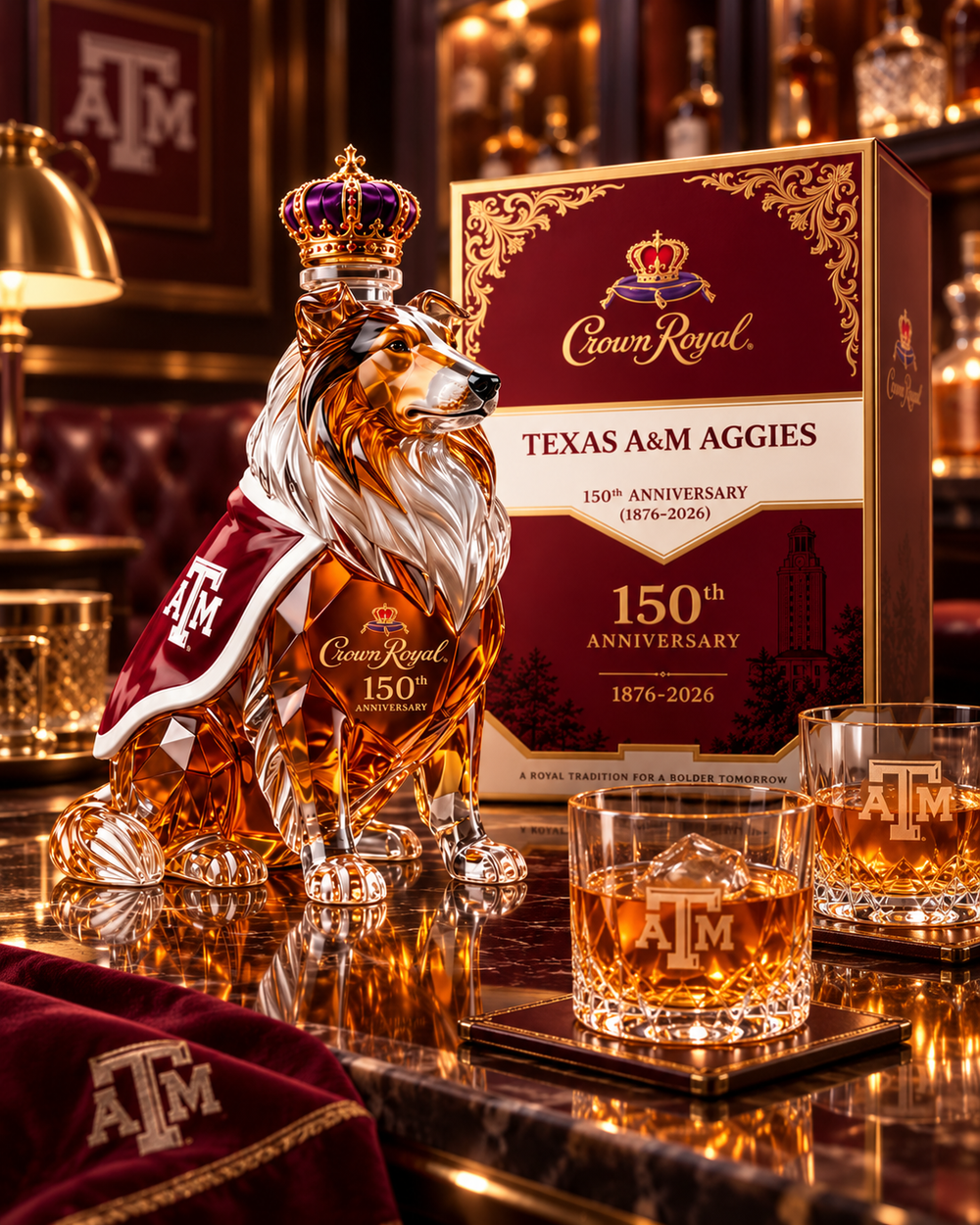 Texas A&M commemorative decanter displayed in elegant home bar setting