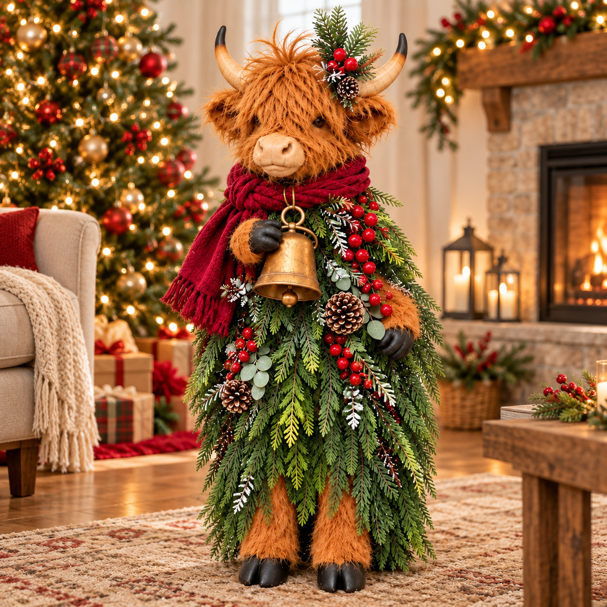 Front-facing Highland Cow Christmas Greeter in a festive living room