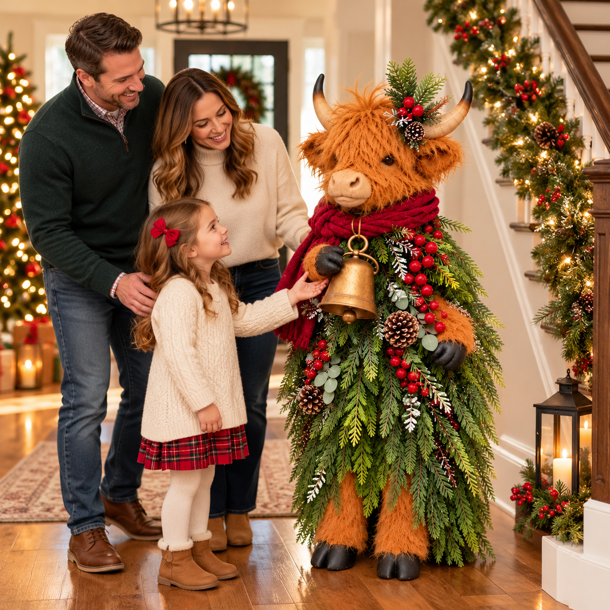 Family gathering with Highland Cow Christmas Greeter