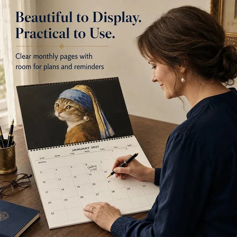 Cat calendar with clear monthly planning boxes and writing space