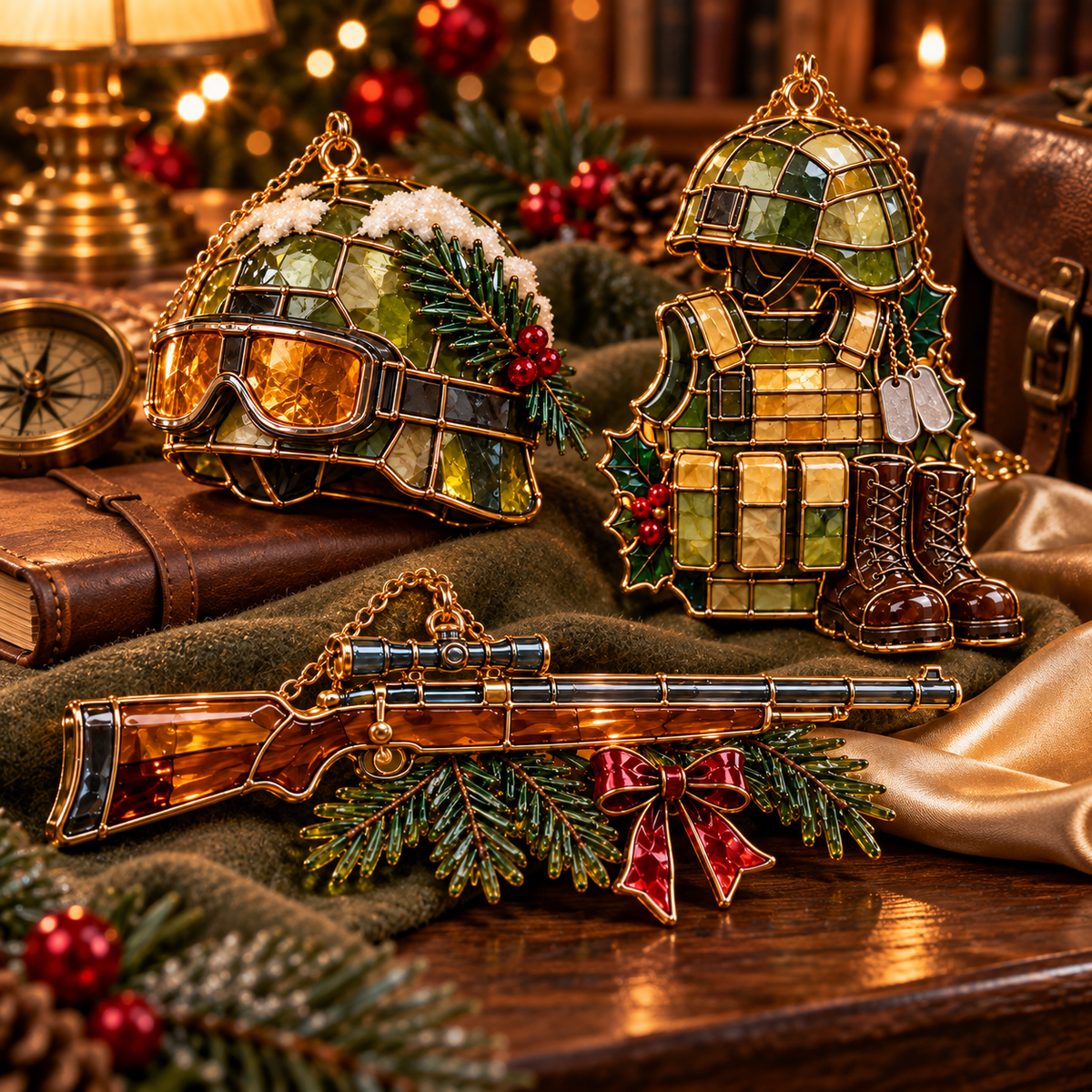 ✨ 2026 Military Christmas Ornaments – Set of 6 |  Vintage Stained Glass Tactical Vest, Military Helmet, Rifle & Soldier Gear Hanging Decorations | Christmas Tree Ornaments & Unique Gifts for Veterans & Military Families