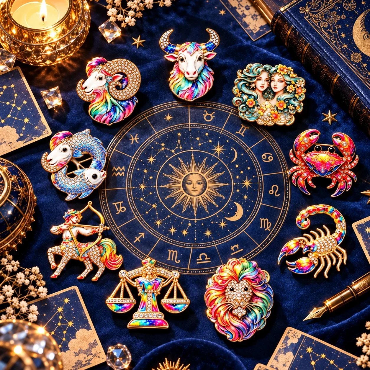 Colorful luxury zodiac enamel brooch collection displayed around a celestial wheel on dark blue fabric