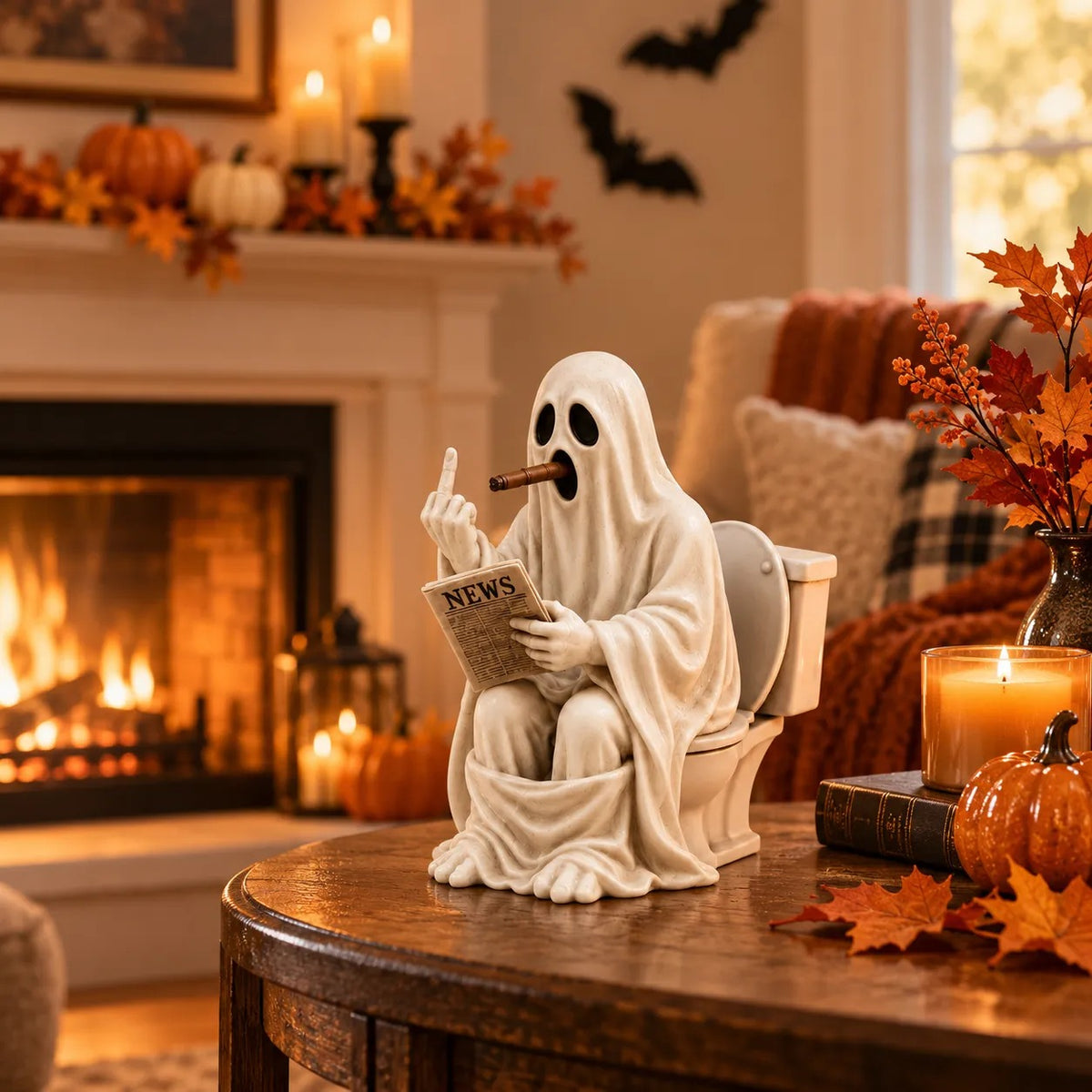 👻🚽 Rude Ghost on Toilet Figurine | Funny Halloween Tabletop Décor, Spooky Bathroom Statue & Gag Gift