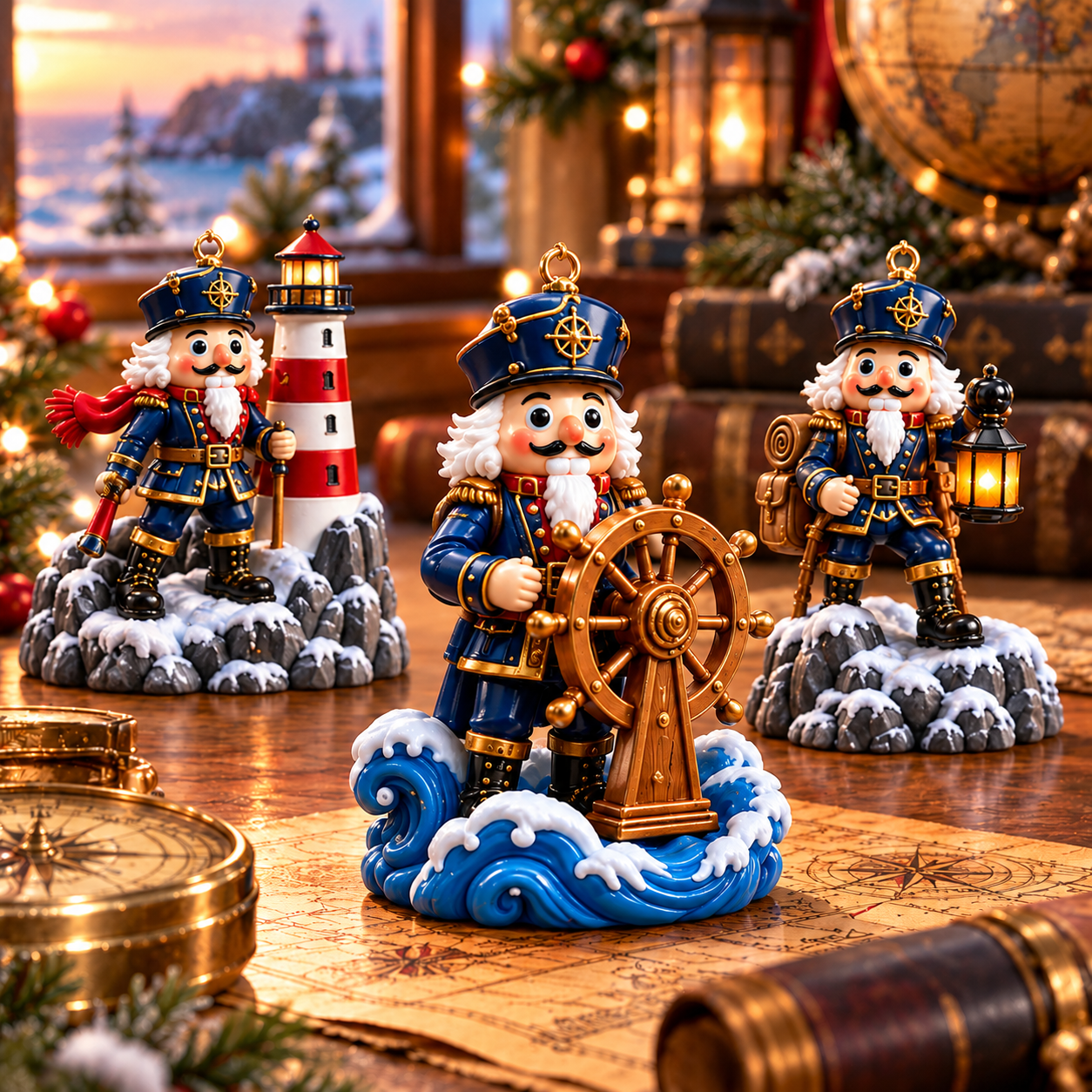 Nutcracker nautical Christmas explorers surrounded by travel decorations