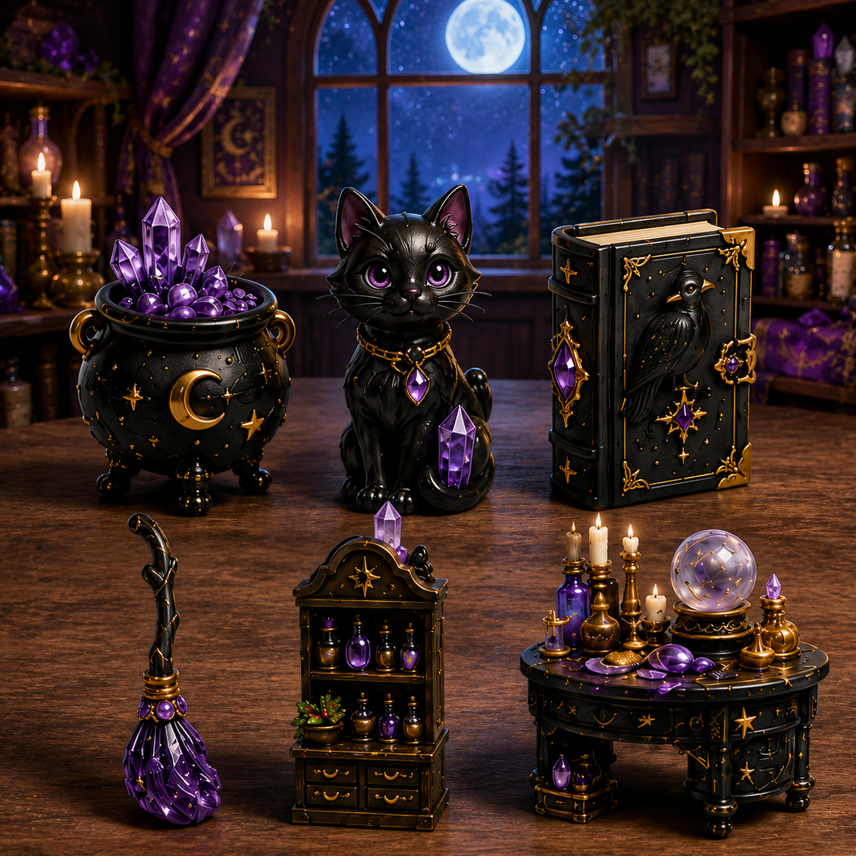 Magical black cat and crystal collection