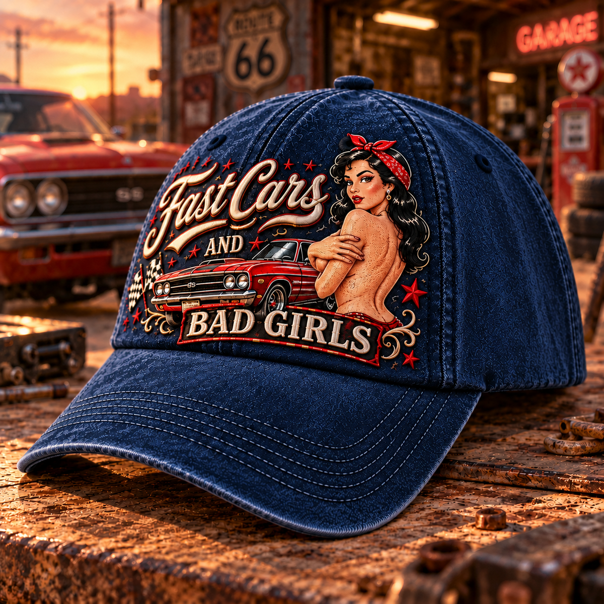 🏁🔥 Fast Cars And Bad Girls Retro Muscle Car Pin-Up Baseball Cap