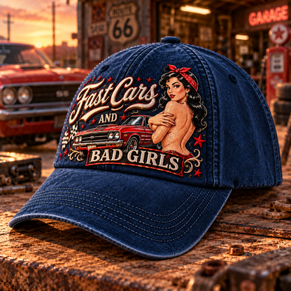🏁🔥 Fast Cars And Bad Girls Retro Muscle Car Pin-Up Baseball Cap