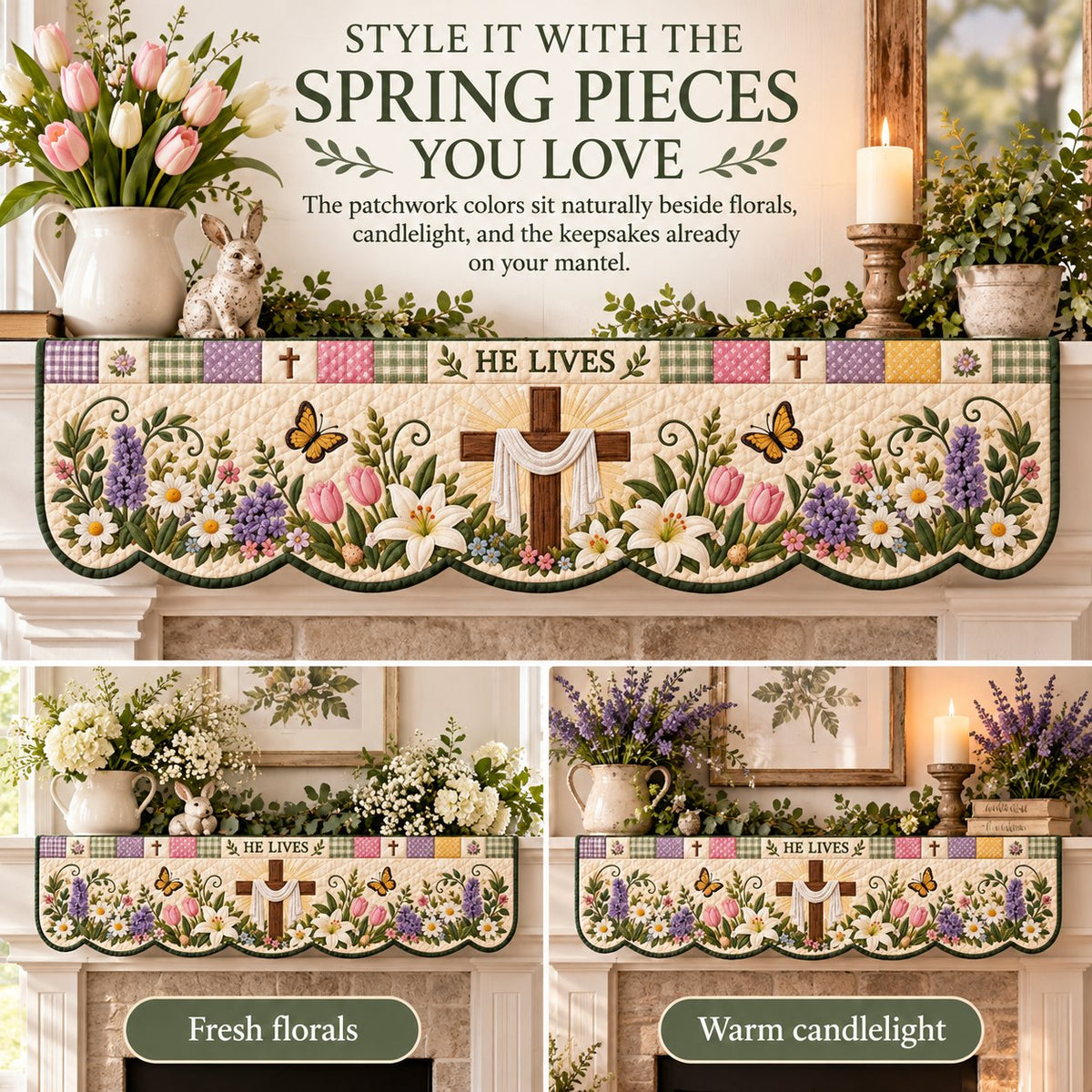 ⏳ Last Day 49% OFF – ✝️ Easter Faith Quilted Mantel Scarf | Patchwork Christian Fireplace Décor for Spring & Easter 🌷