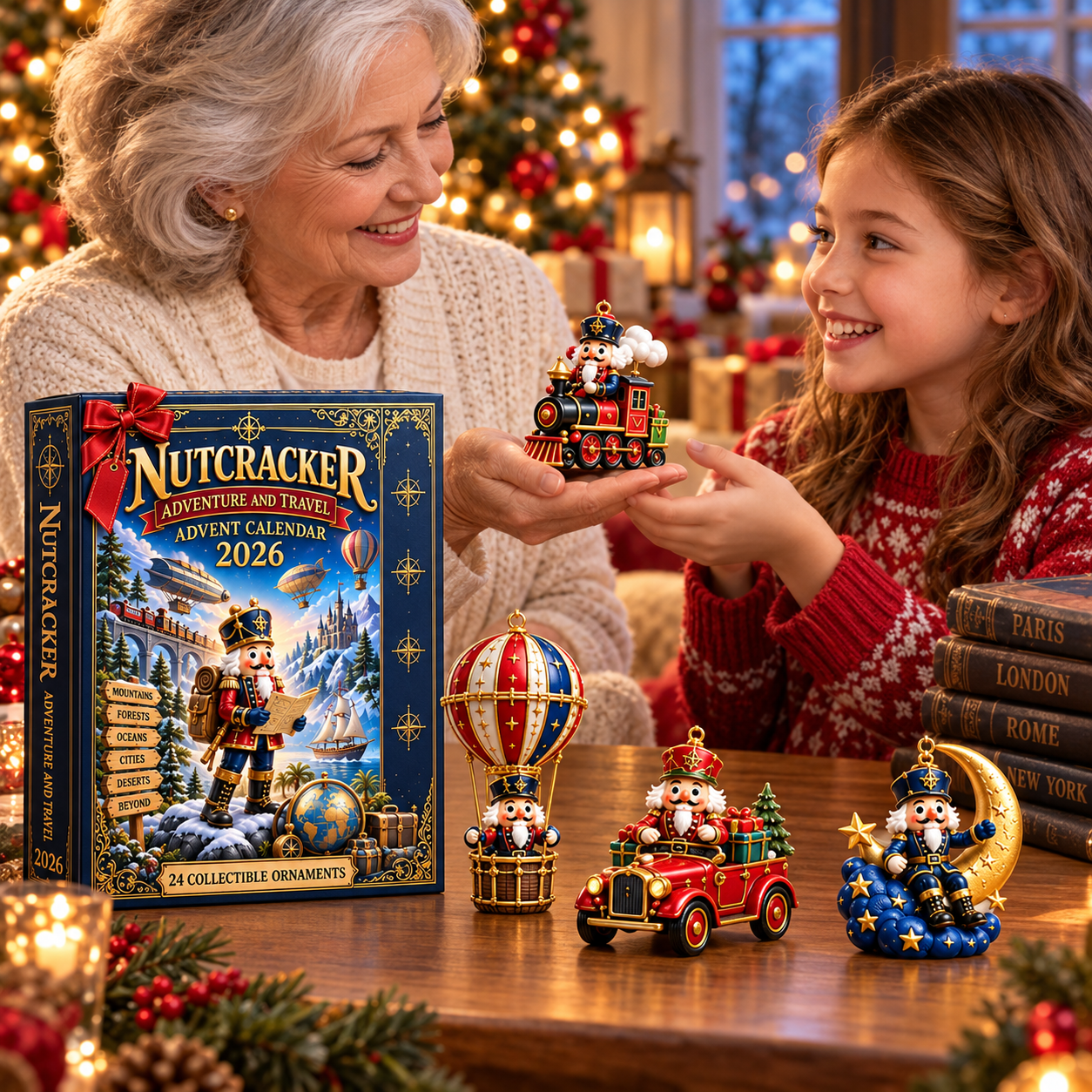 Grandmother and granddaughter sharing Nutcracker Advent Calendar collectibles