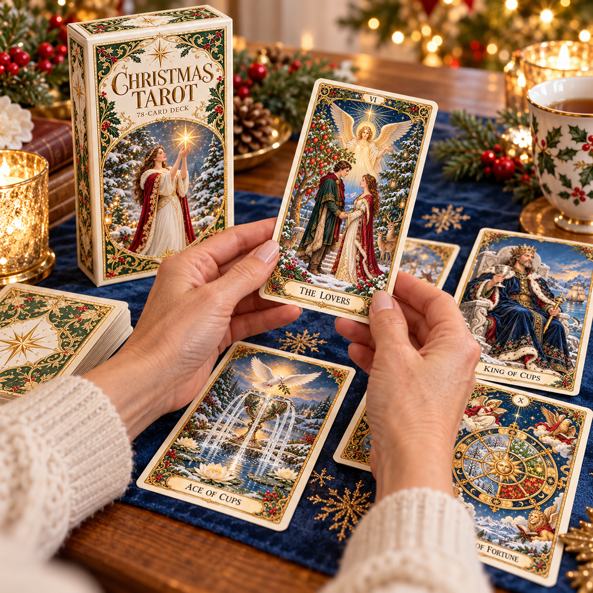 Limited Edition 49% OFF🎉-🔮Christmas Tarot Deck – 78 Festive Cards with Guidebook & 12-Day Reflection Guide