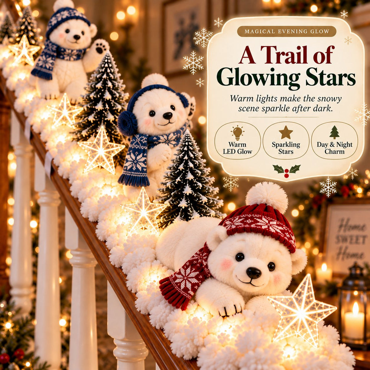 🐻‍❄️ Polar Bear Snowy Staircase Lighted Railing Décor