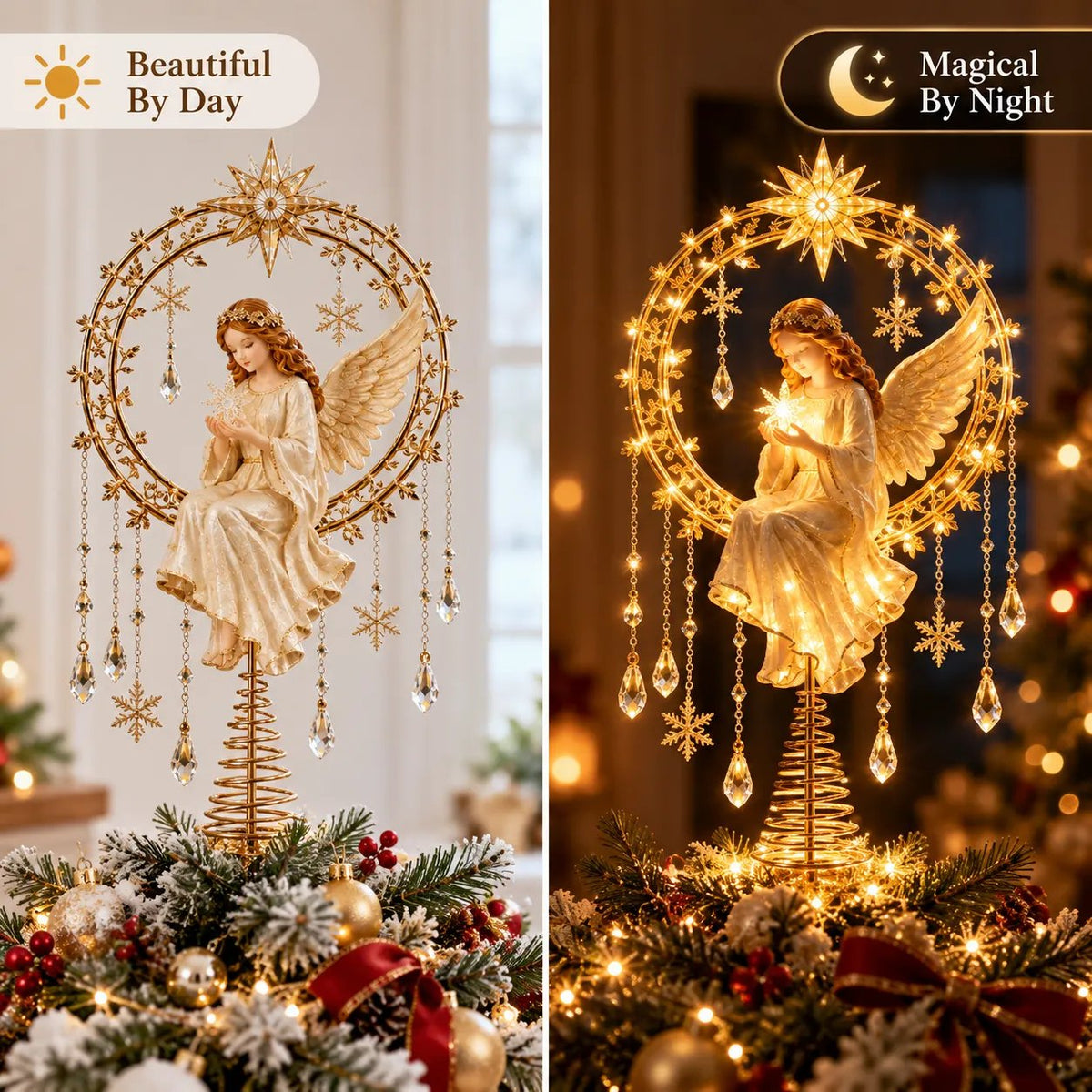👼 Golden Angel Christmas Tree Topper – Warm LED Glow & Sparkling Details