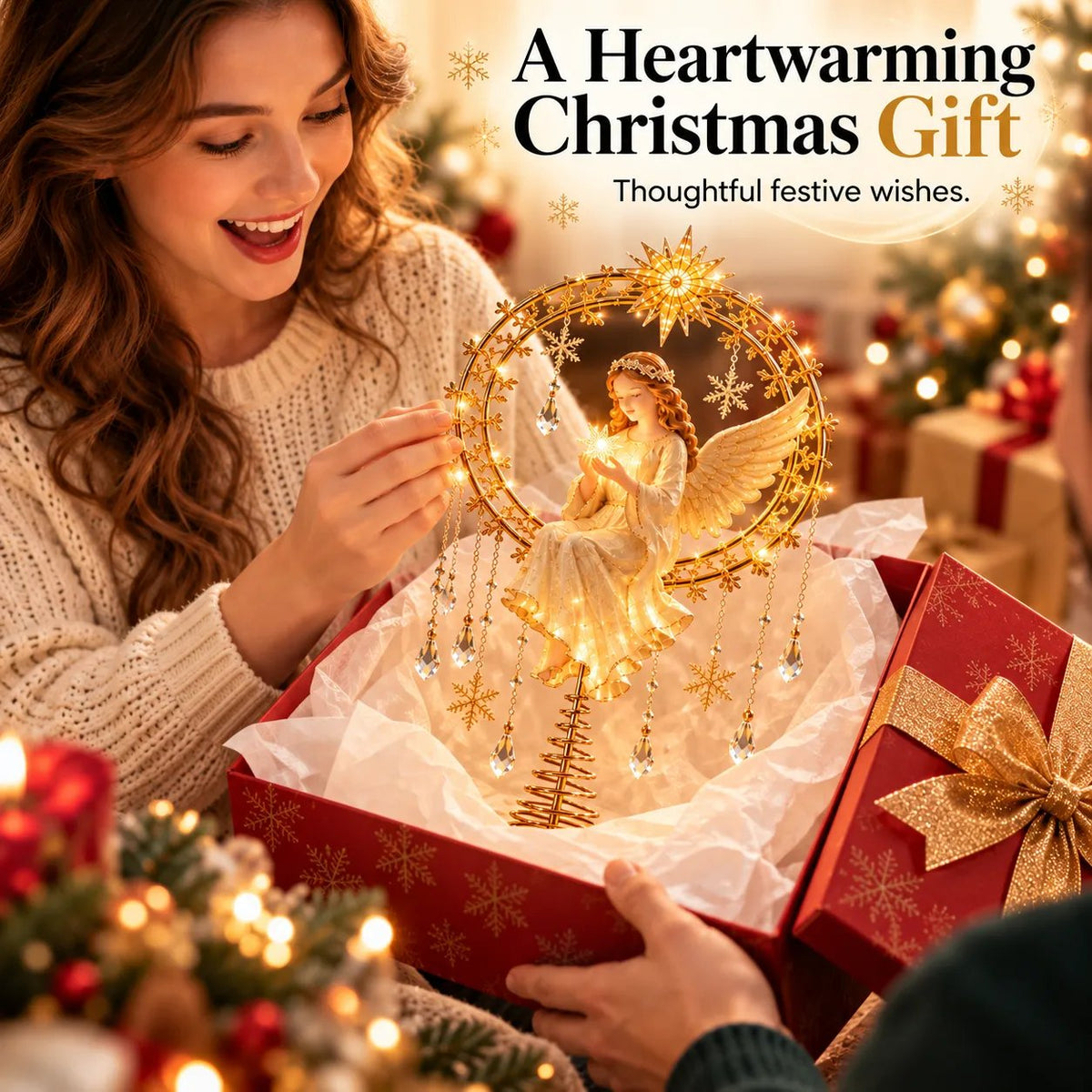 👼 Golden Angel Christmas Tree Topper – Warm LED Glow & Sparkling Details