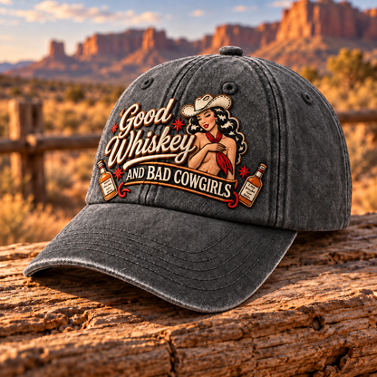 🤠🥃 Good Whiskey And Bad Cowgirls Retro Western Pin-Up Baseball Cap