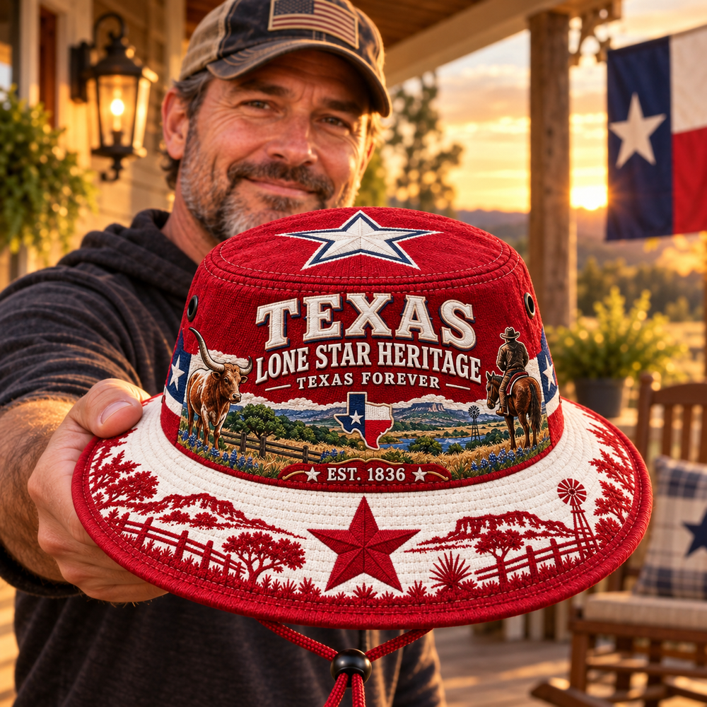 Texas heritage boonie hat showing its broad brim and chin strap