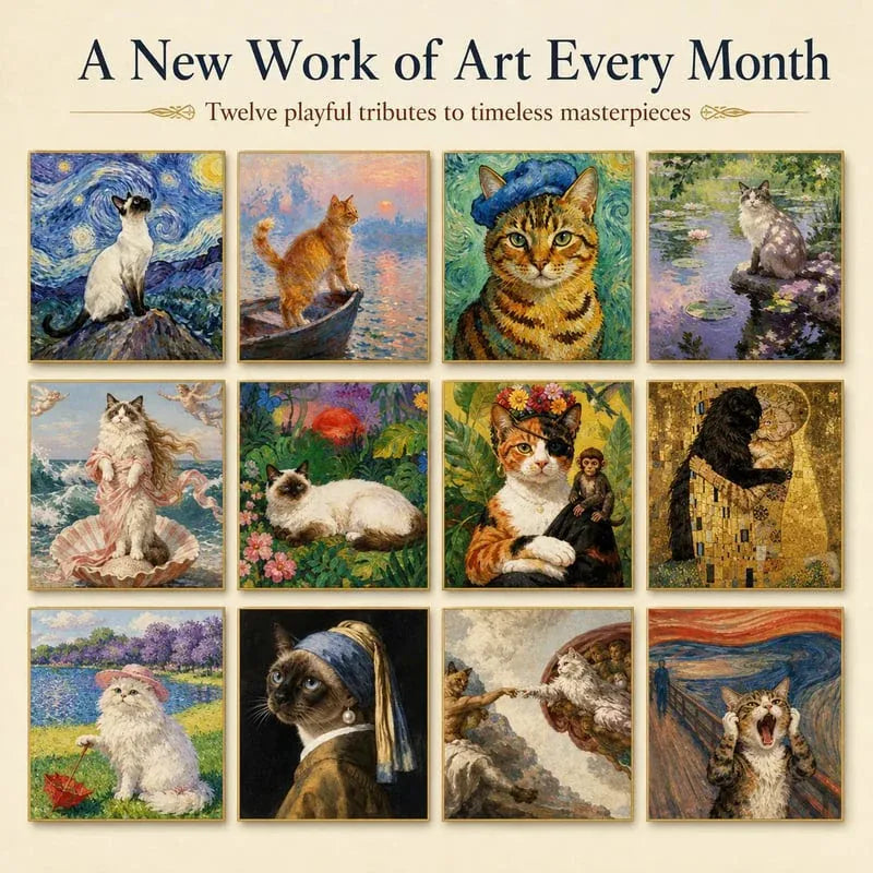 Twelve different painterly cat calendar artworks