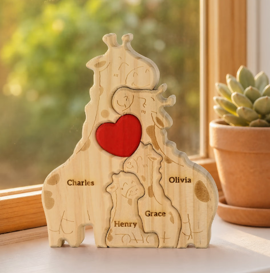 🦒❤️ Personalized Giraffe Family Puzzle – 2–5 Names Wooden Keepsake ✨