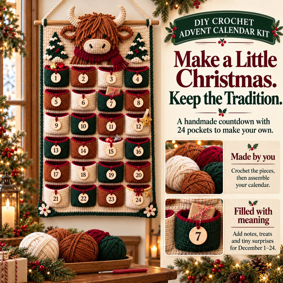 🎄 DIY Crochet Advent Calendar Kit – 24 Refillable Pockets & 4 Christmas Designs 🧶 | 45% OFF