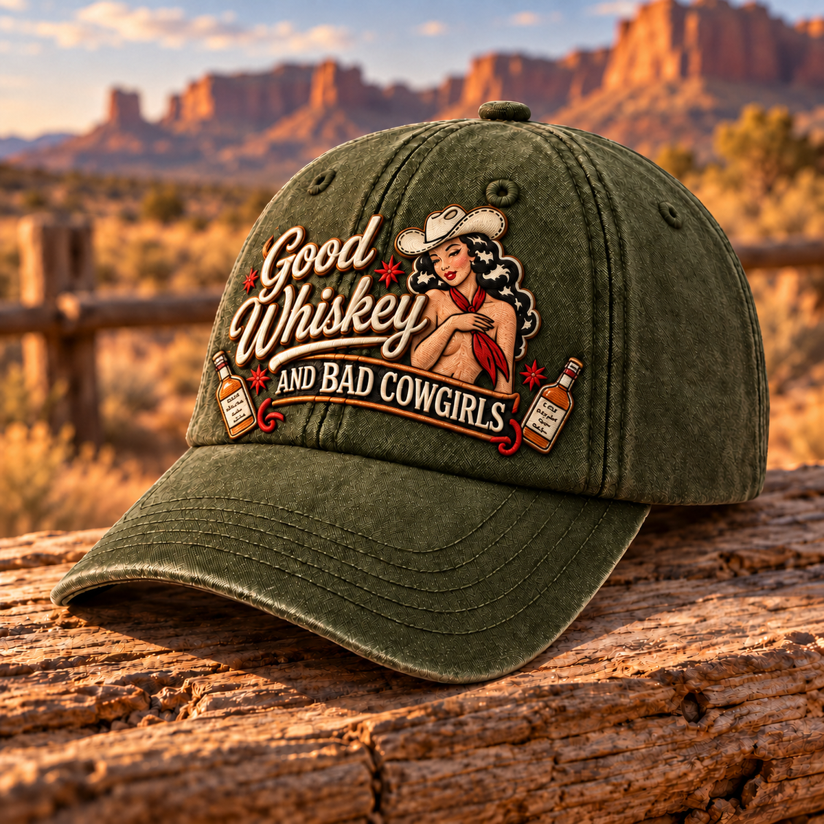🤠🥃 Good Whiskey And Bad Cowgirls Retro Western Pin-Up Baseball Cap