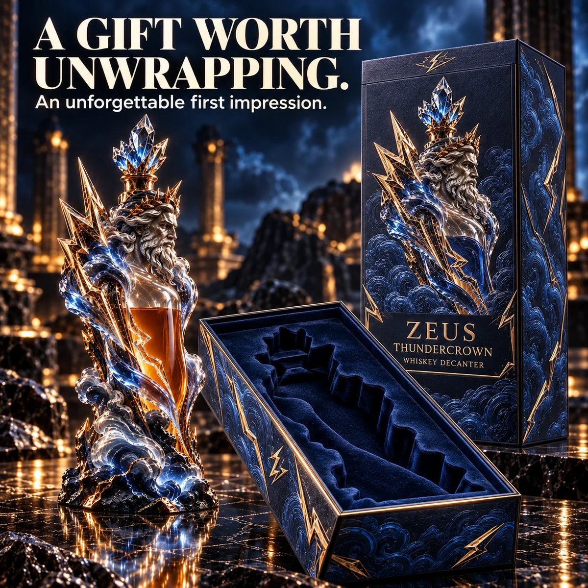 ⚡ Zeus Thundercrown Whiskey Decanter – Sculptural Bar Centerpiece