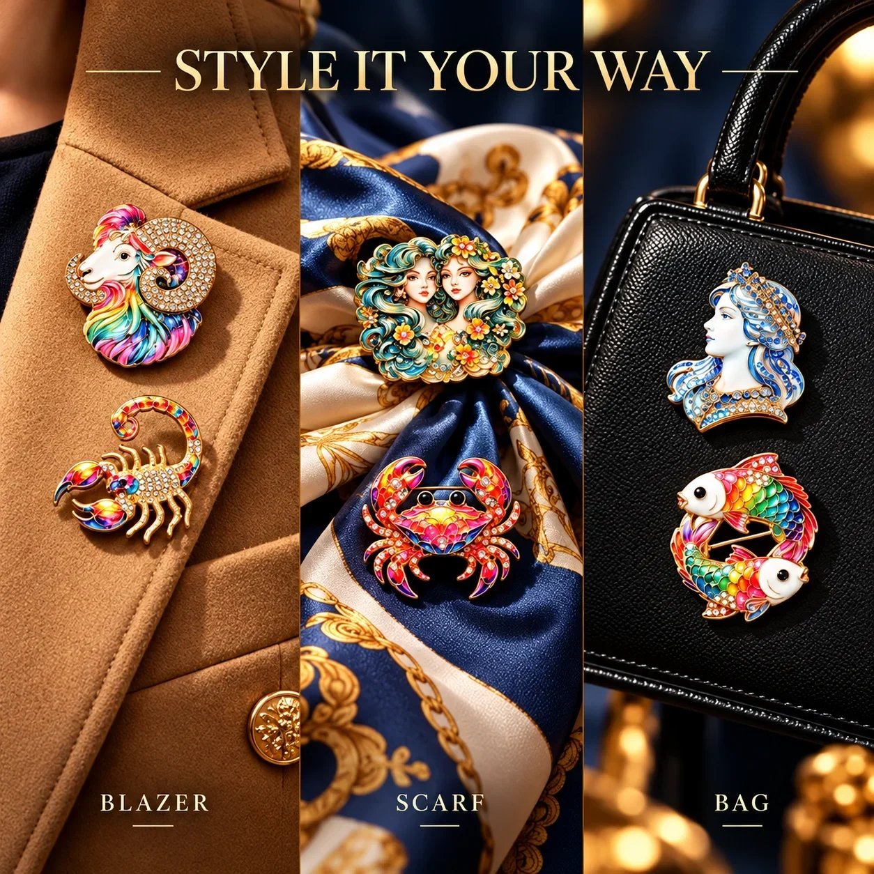 Zodiac brooches styled on a blazer lapel, elegant scarf and handbag