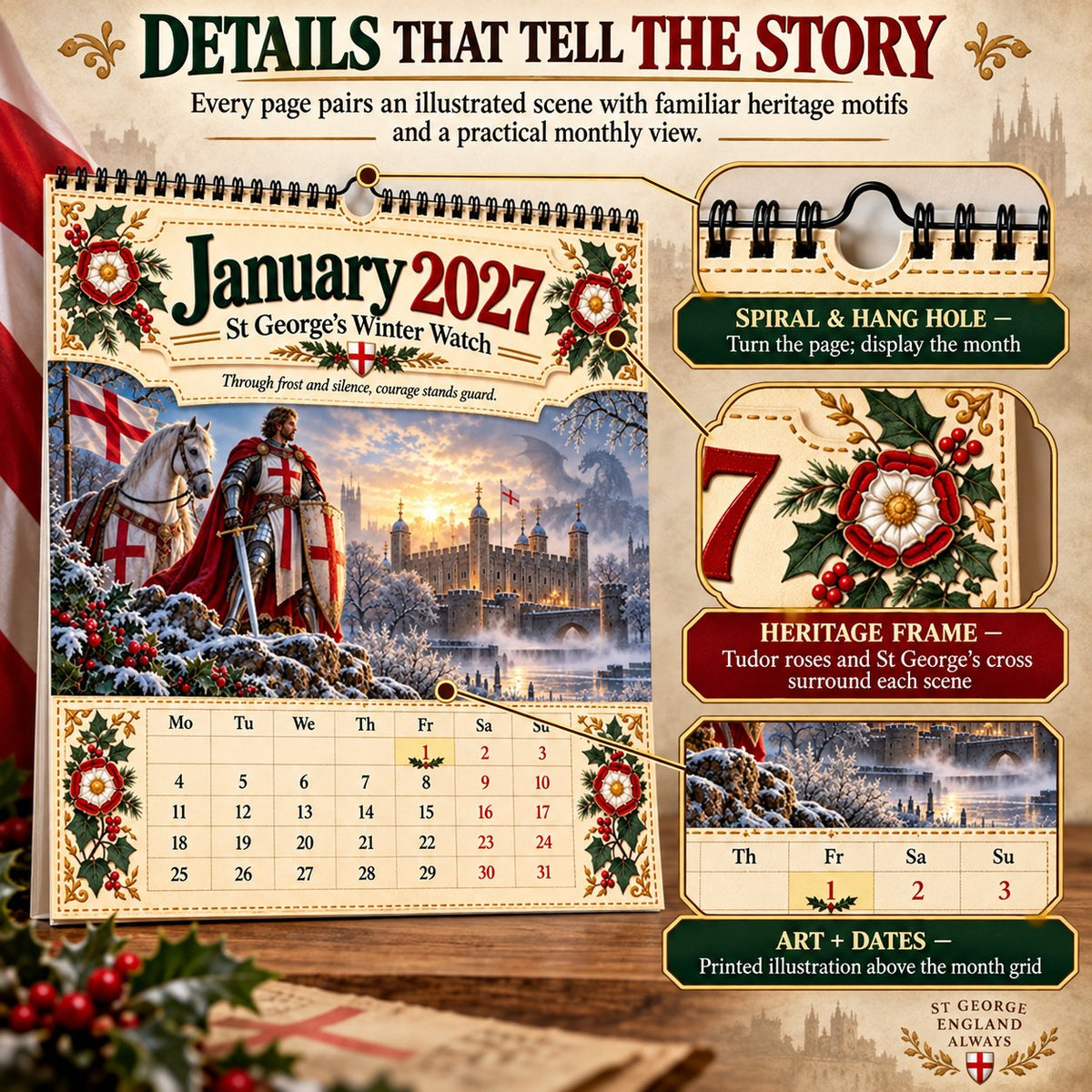 ⏳ Last Day 49% OFF – 🛡️ 2027 England St. George Wall Calendar | 12 Illustrated Monthly Scenes with Faith, Courage & Heritage 🇬🇧