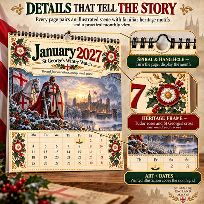 ⏳ Last Day 49% OFF – 🛡️ 2027 England St. George Wall Calendar | 12 Illustrated Monthly Scenes with Faith, Courage & Heritage 🇬🇧