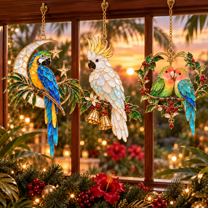 Tropical Parrot Christmas Ornaments – Vintage Stained Glass Style, Set of 6