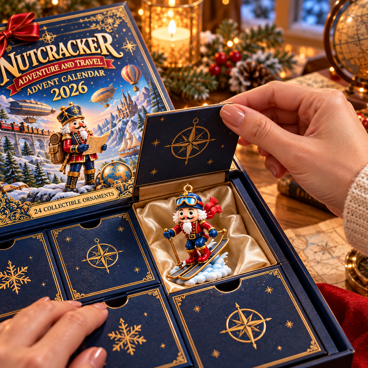 Opening a Nutcracker Advent Calendar compartment to reveal a Christmas collectible