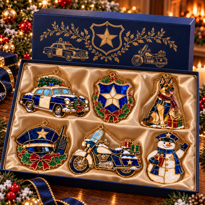 ✨ 2026 Police Christmas Ornaments – Set of 6 | Vintage Stained Glass Police Car, K9 Dog, Motorcycle & Badge Hanging Decorations | Law Enforcement Christmas Tree Ornaments & Gifts for Police Officers